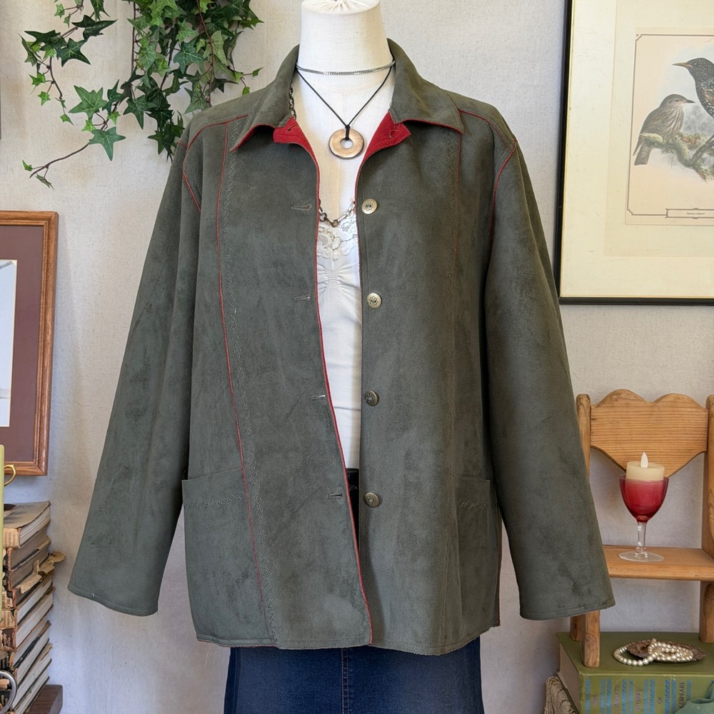 Green Rust Faux Suede Jacket Embroidered Boho Granola 12P Indie Grunge Fall